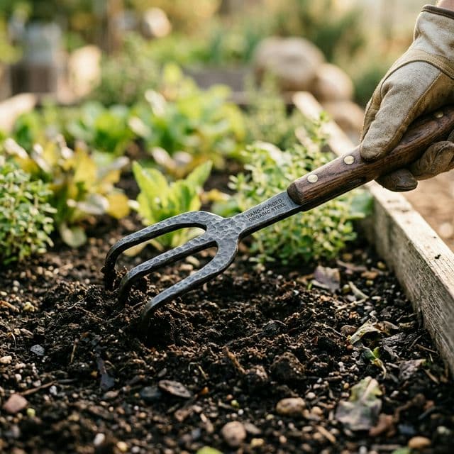 Premium hand-forged garden tool cultivating rich organic soil